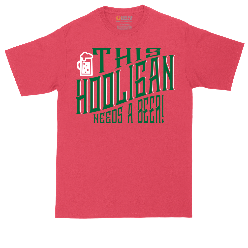 This Hooligan Needs a Beer tall t-shirt for men in Heather Red