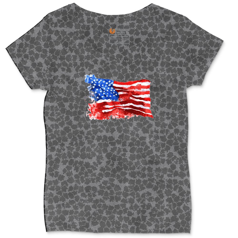 USA Flag Grunge Ladies Curvy Tee - Black Leopard