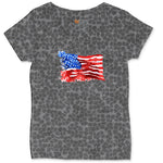 USA Flag Grunge Ladies Curvy Tee - Black Leopard