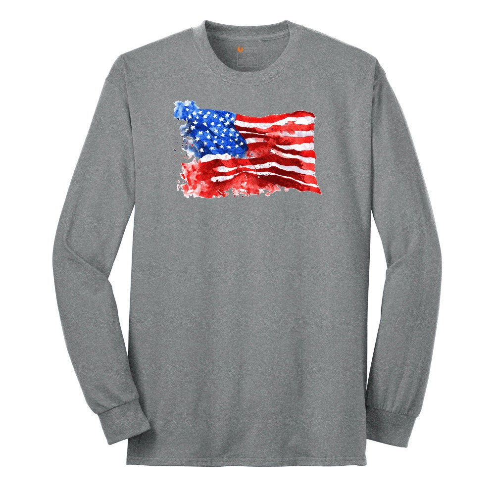 USA Flag Grunge Long Sleeve Tee - Athletic Grey