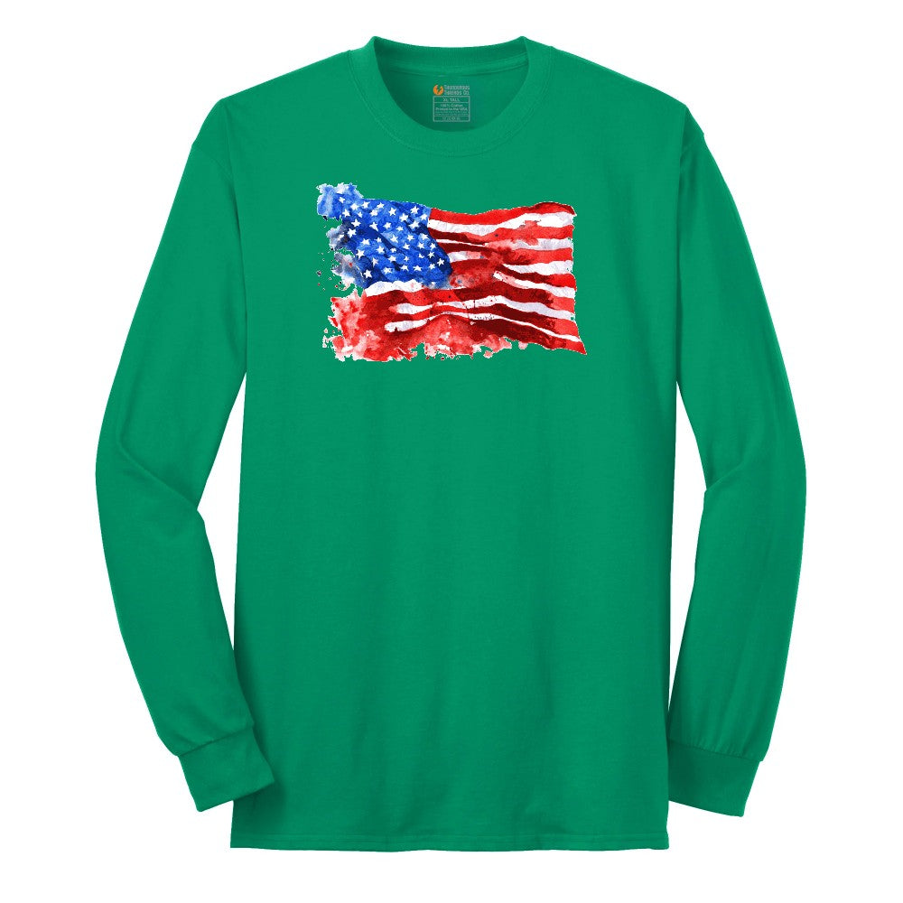 USA Flag Grunge Long Sleeve Tee - Kelly Green