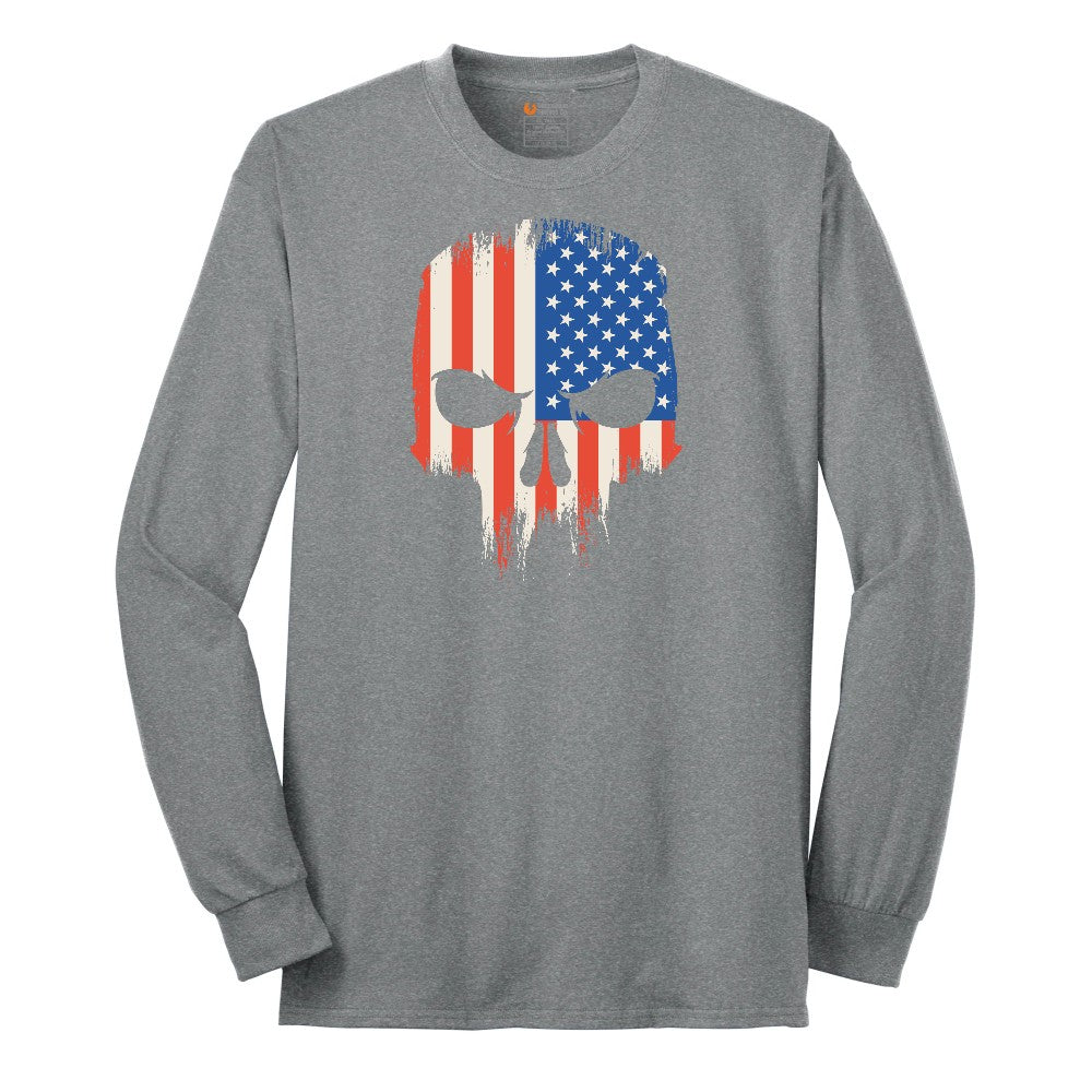 USA Skull Long Sleeve Tee - Athletic Grey