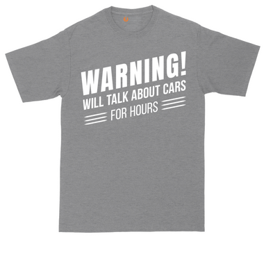 Warning Will Talk About Cars for Hours tall t-shirt for men in Dark Heather Grey