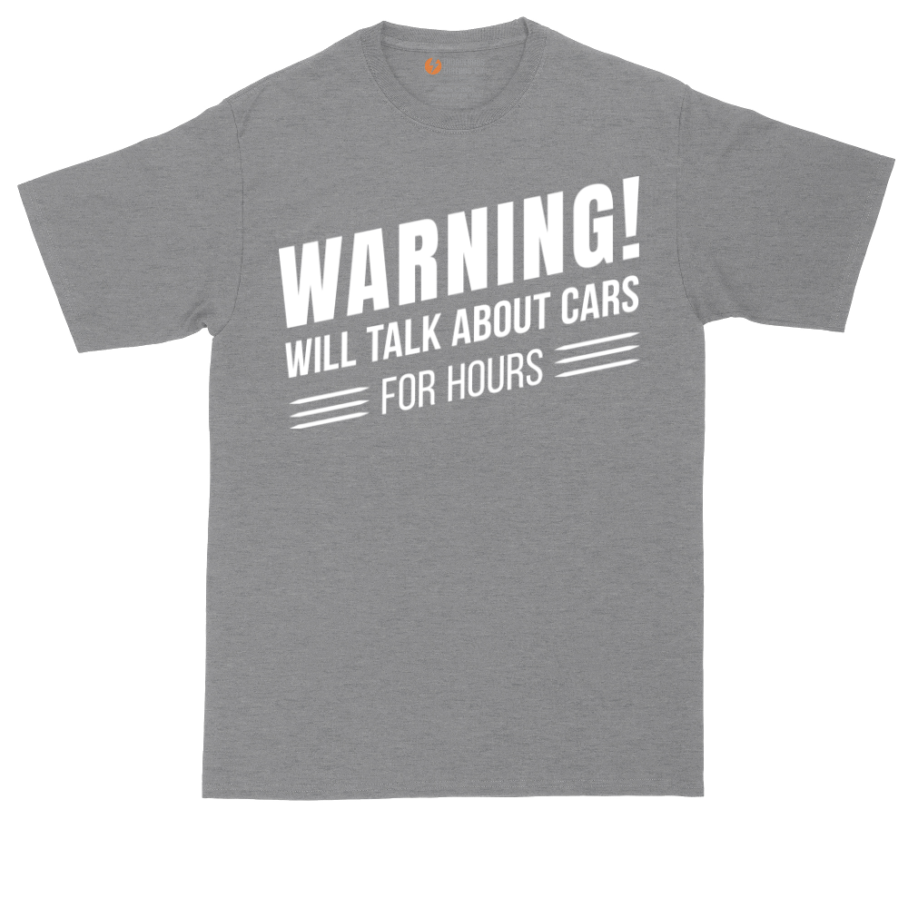 Warning Will Talk About Cars for Hours tall t-shirt for men in Athletic Heather