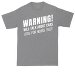 Warning Will Talk About Cars for Hours tall t-shirt for men in Athletic Heather