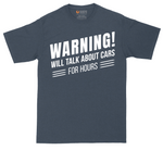 Warning Will Talk About Cars for Hours tall t-shirt for men in Heather Navy