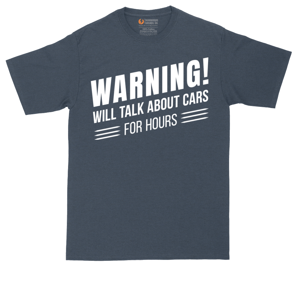 Warning Will Talk About Cars for Hours tall t-shirt for men in Heather Navy