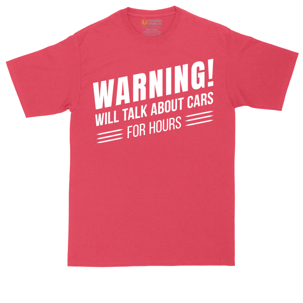 Warning Will Talk About Cars for Hours tall t-shirt for men in Heather Red