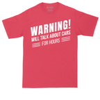 Warning Will Talk About Cars for Hours tall t-shirt for men in Heather Red