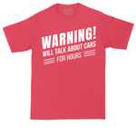 Warning Will Talk About Cars for Hours tall t-shirt for men in Heather Red