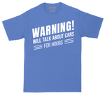 Warning Will Talk About Cars for Hours tall t-shirt for men in Heather Royal