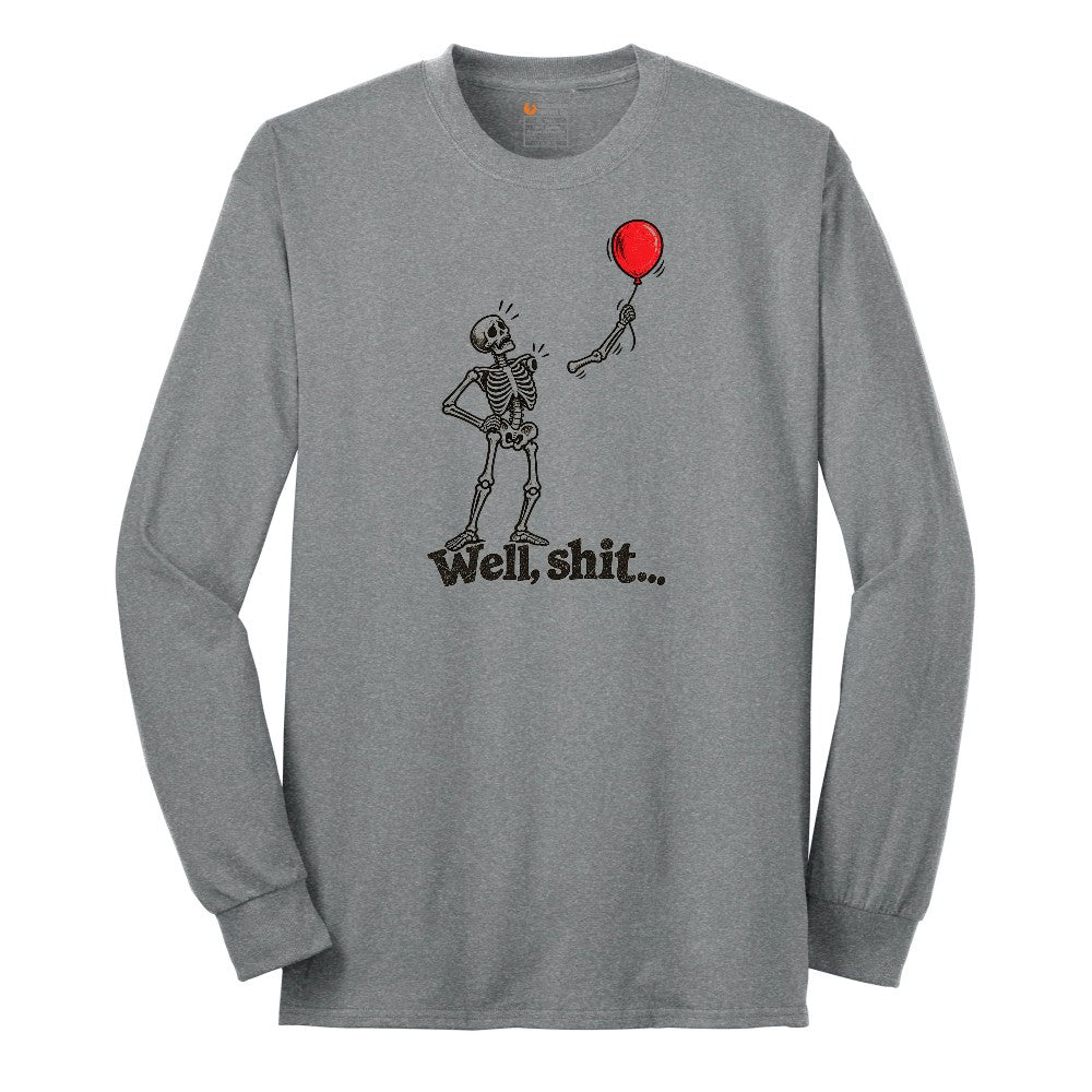 Well Shit Halloween Skeleton Design Long Sleeve Tee - Athletic Grey