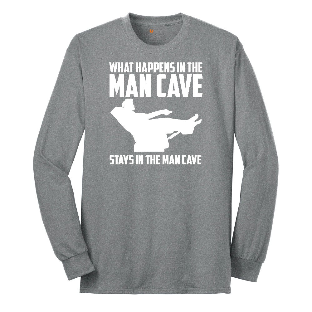 What Happens in the Man Cave Stays in the Man Cave Long Sleeve Tee - Athletic Grey