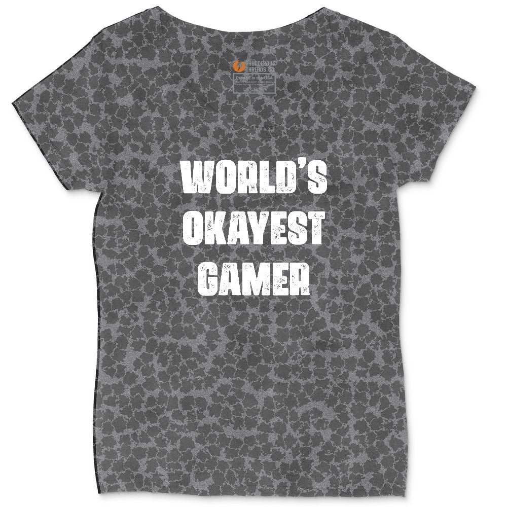 Worlds Okayest Gamer - Mens & Ladies T-Shirt Ladies Curvy Tee - Black Leopard