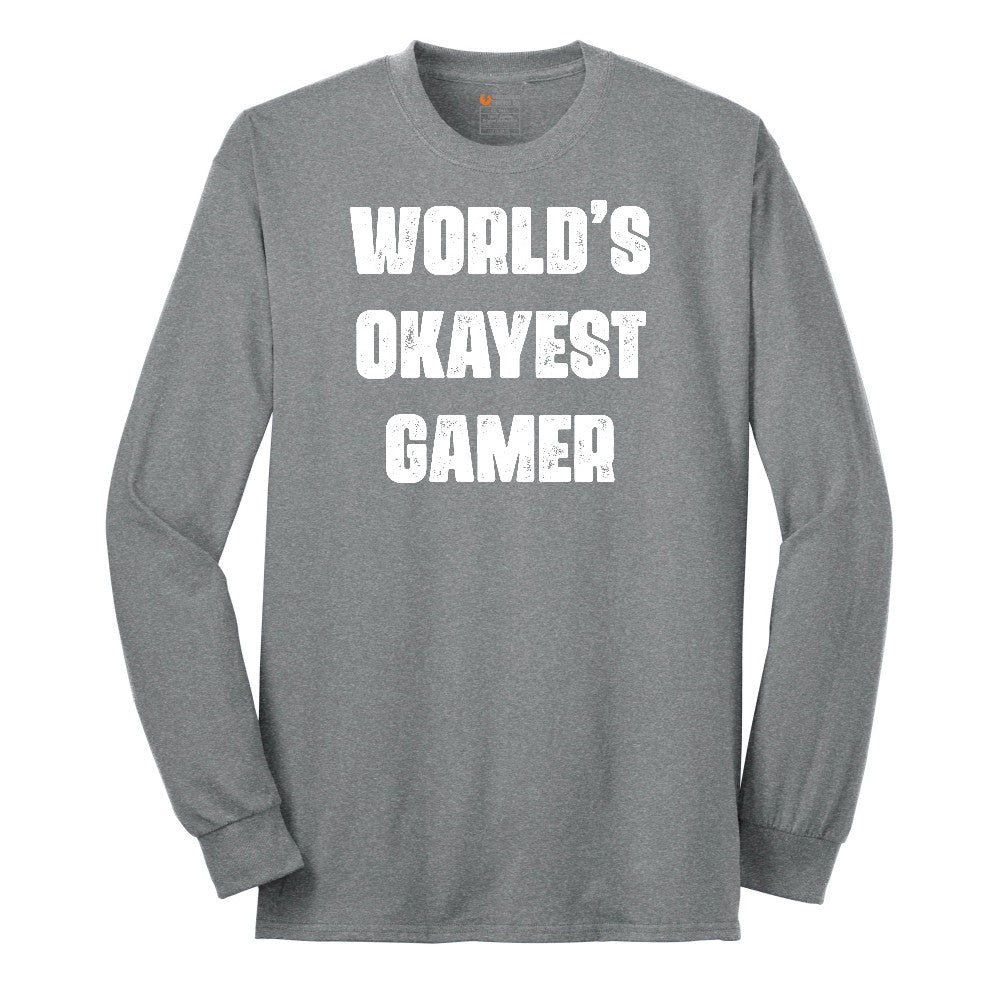 Worlds Okayest Gamer - Mens & Ladies T-Shirt Long Sleeve Tee - Athletic Grey