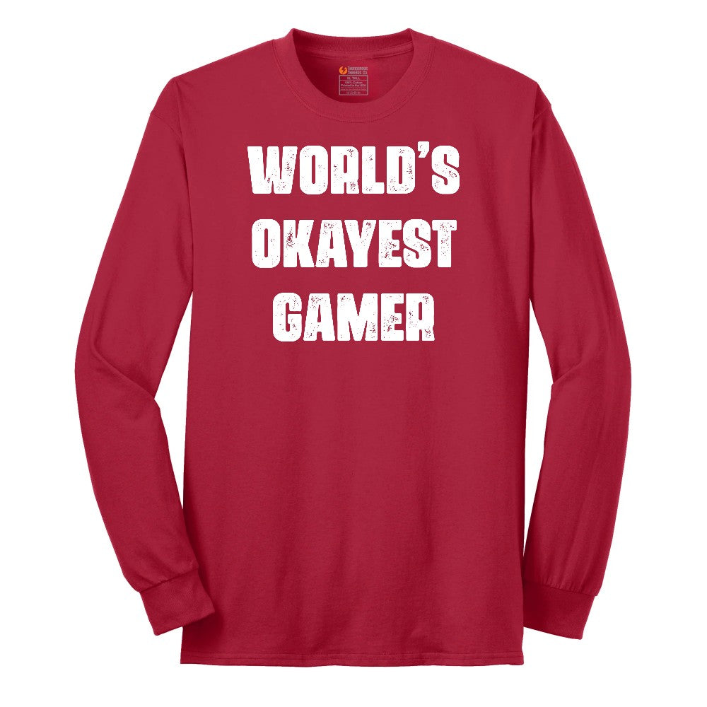 Worlds Okayest Gamer - Mens & Ladies T-Shirt Long Sleeve Tee - Red