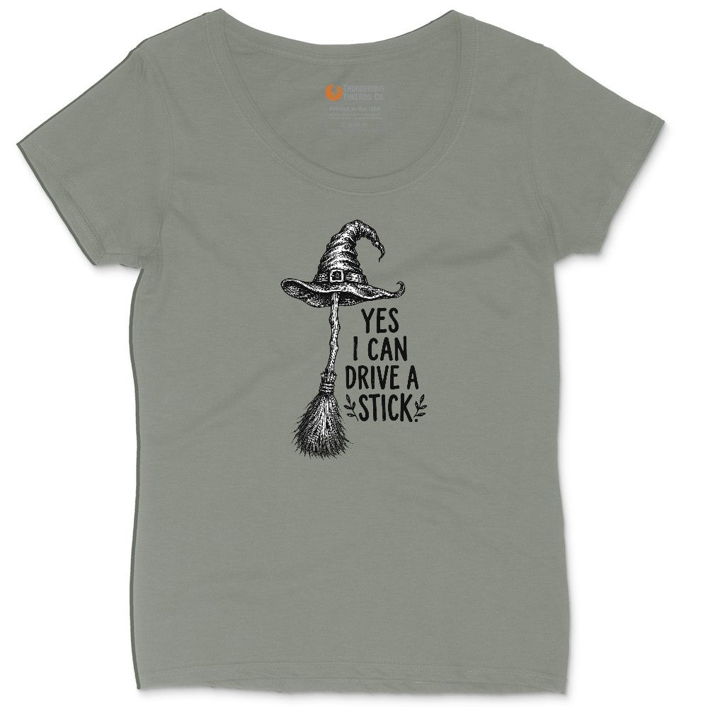 Yes I Can Drive a Stick Funny Halloween Shirt Ladies Curvy Tee - Bamboo Blackout
