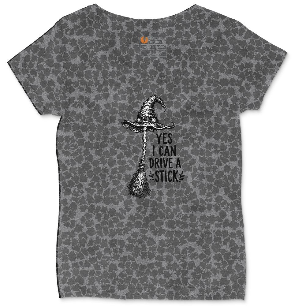 Yes I Can Drive a Stick Funny Halloween Shirt Ladies Curvy Tee - Black Leopard