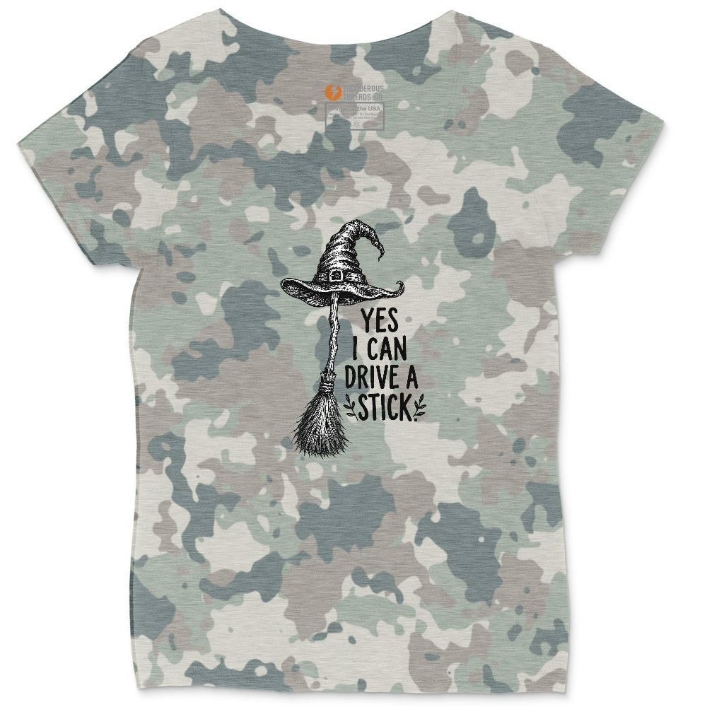 Yes I Can Drive a Stick Funny Halloween Shirt Ladies Curvy Tee - Vintage Camo
