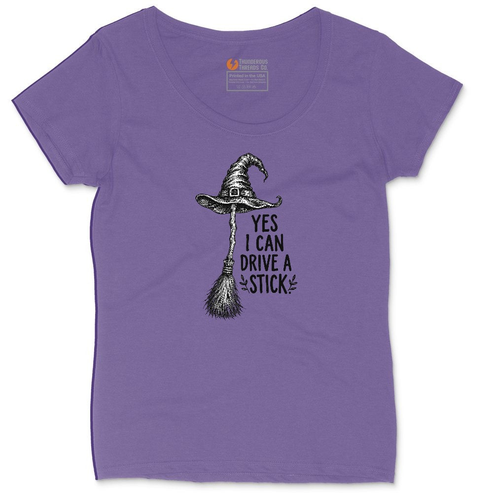 Yes I Can Drive a Stick Funny Halloween Shirt Ladies Curvy Tee - Vintage Purple