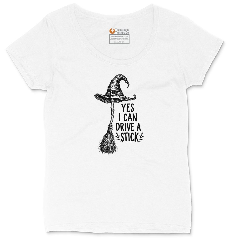 Yes I Can Drive a Stick Funny Halloween Shirt Ladies Curvy Tee - White
