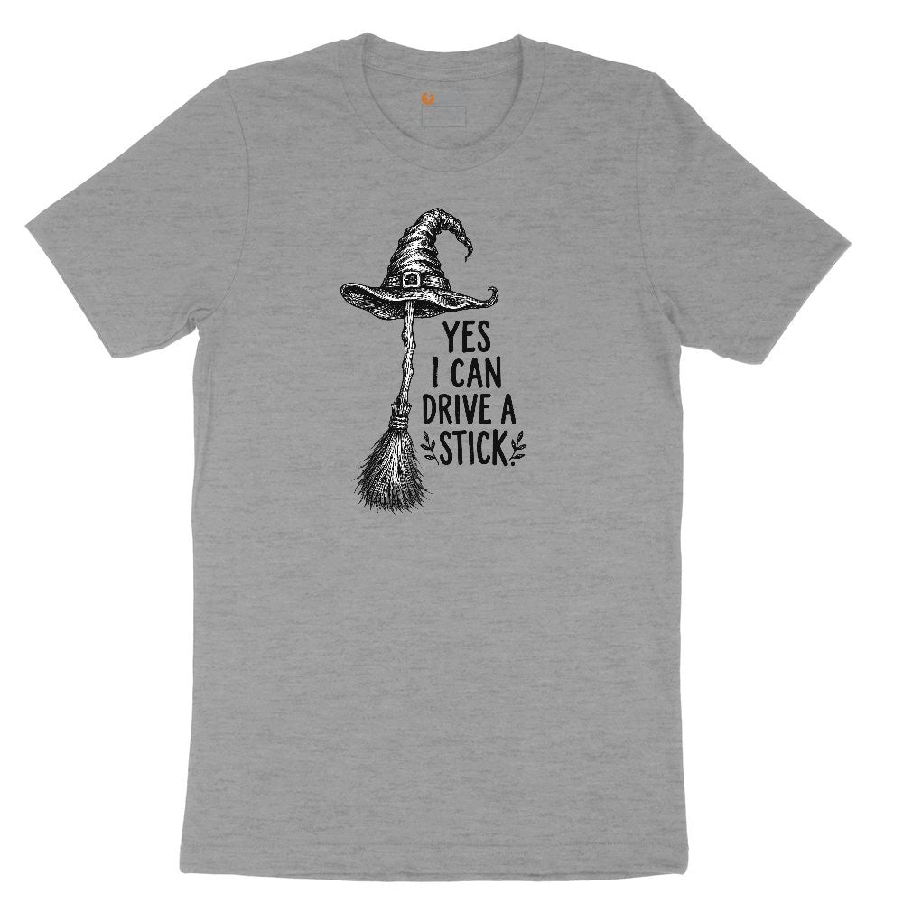 Yes I Can Drive a Stick Funny Halloween Shirt Ladies Short Sleeve Tee - Granite Heather