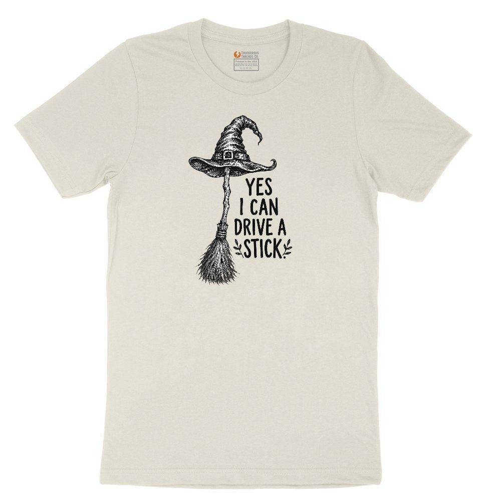 Yes I Can Drive a Stick Funny Halloween Shirt Ladies Short Sleeve Tee - Natural Heather