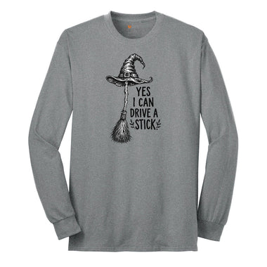 Yes I Can Drive a Stick Funny Halloween Shirt Long Sleeve Tee - Athletic Grey